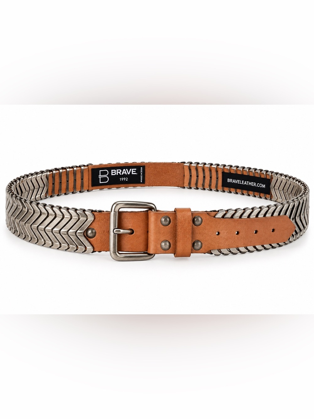 Brave Tan Leather Belt with Silver Chevron Chain Detail unisex men women